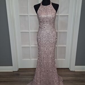 Sherri Hill 53614 Elegant Pink Sequin Halter Dress Size 2 Light Pink